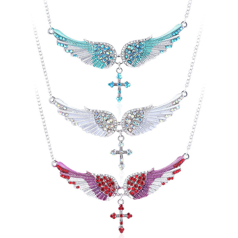 Fashion Crystal Guardian Angel Wings Cross Choker Pendant Necklace for Women