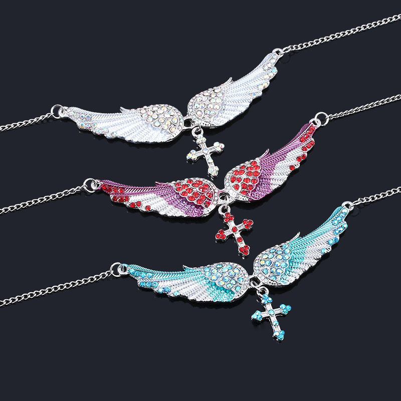 Fashion Crystal Guardian Angel Wings Cross Choker Pendant Necklace for Women