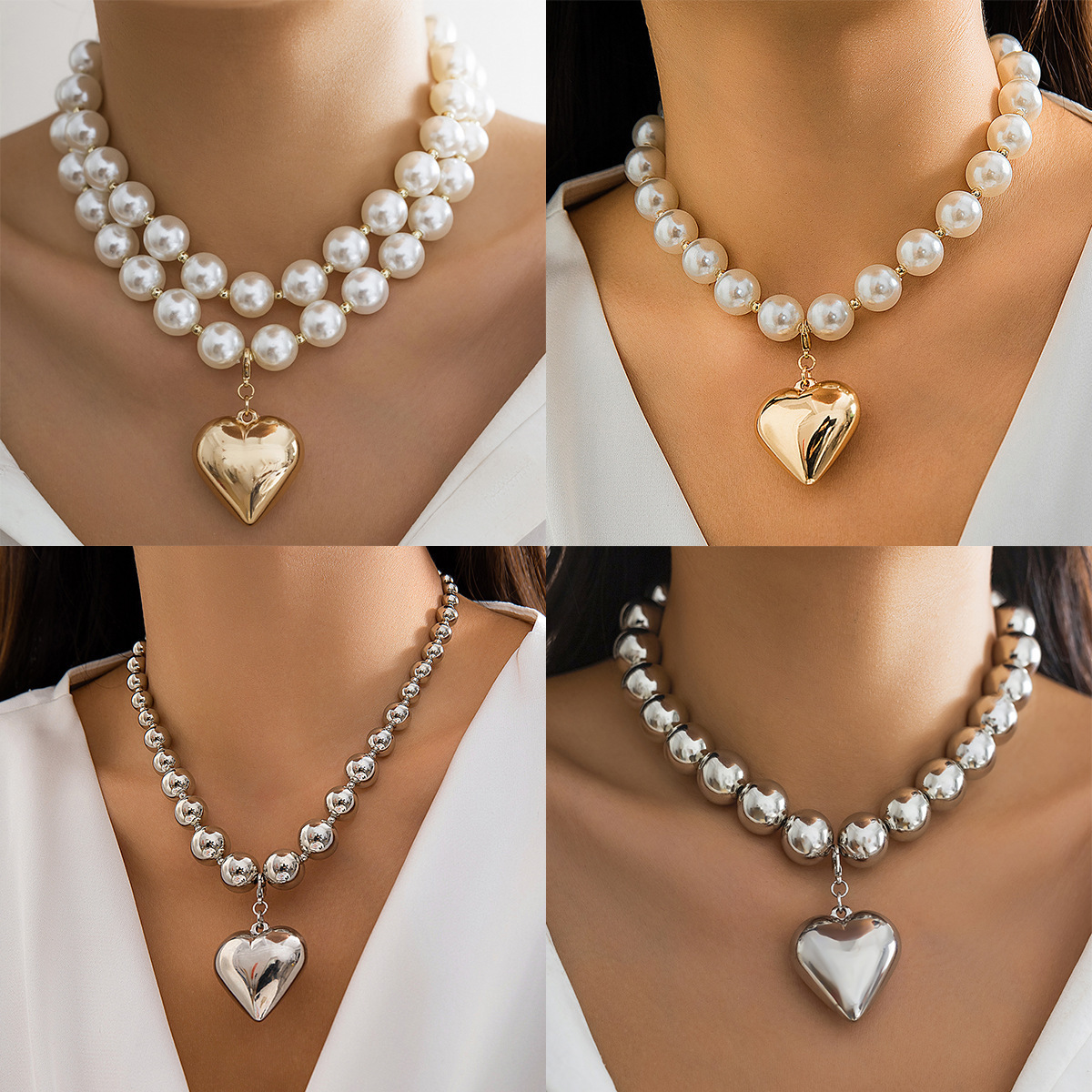 Hot Selling Big Gold Plated Beads Heart Shape Pendant Necklace for Women Punk Necklace Fashion Jewelry Choker