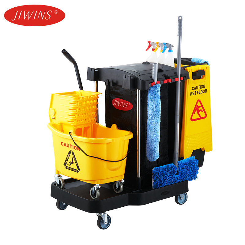 Jiwins Foshan City Commercial Multipurpose Plastic Hospital Cleaning Housekeeping Serving Cart Janitor Clean Trolley with Mop