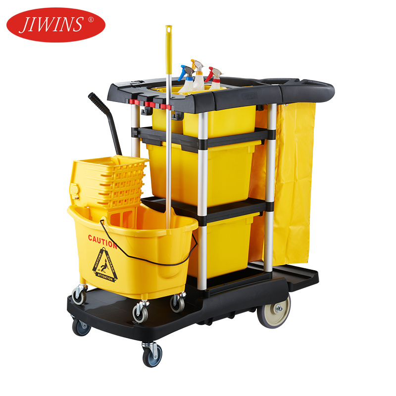 Jiwins Foshan City Commercial Multipurpose Plastic Hospital Cleaning Housekeeping Serving Cart Janitor Clean Trolley with Mop