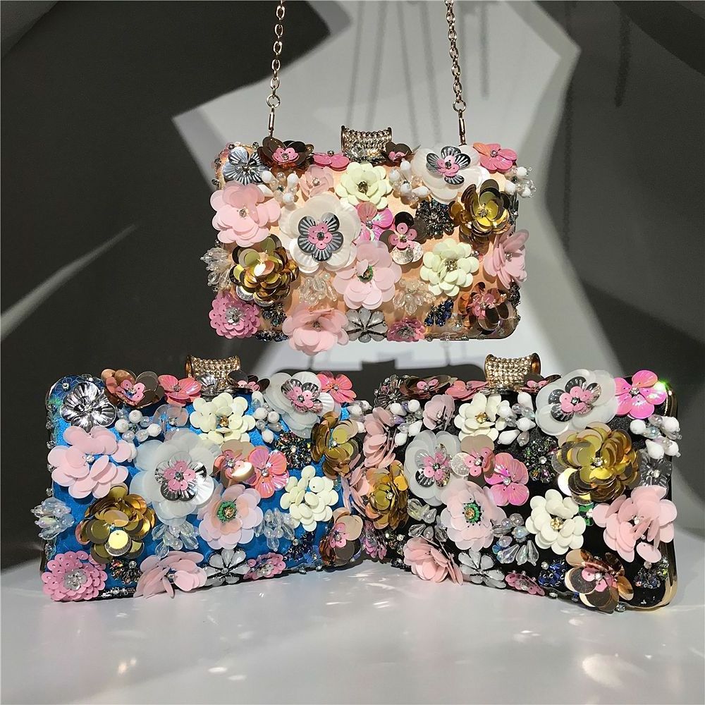 Box bags design purses for ladies Dinner Partycolor hand bag girls purses Colorful beaded flower beaded temperament custom purse