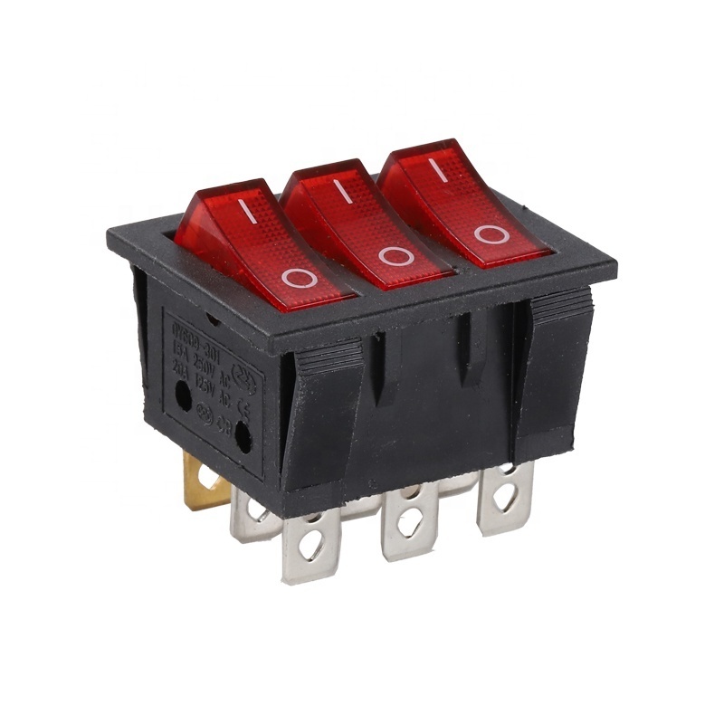 Hot Sale KCD9 boat type switch 9 pin three buttons warped plate power switch 15A 250V rocker switch red with lamp three buttons