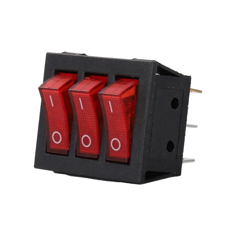 Hot Sale KCD9 boat type switch 9 pin three buttons warped plate power switch 15A 250V rocker switch red with lamp three buttons