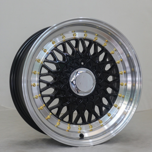 Jy Factory wholesale price BBS RS aluminum alloy wheels 14 15 inch rims black rim gold rivets/fine flash silver rim gold rivets