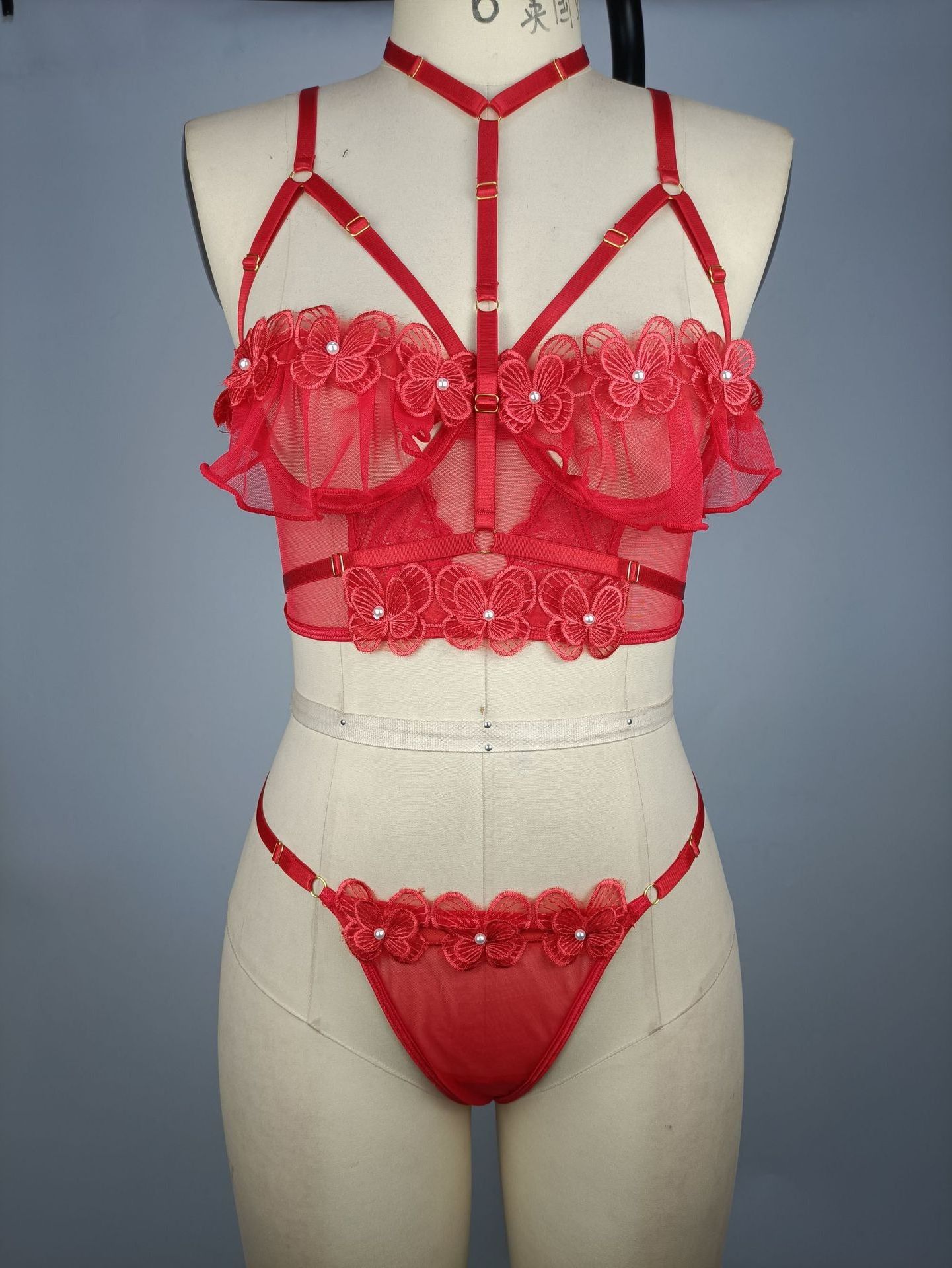 INTIFLOWER Sexy Seduction Christmas & Valentine's Day Bra & Brief Lingerie Set Mesh Embroidery Passion Uniform