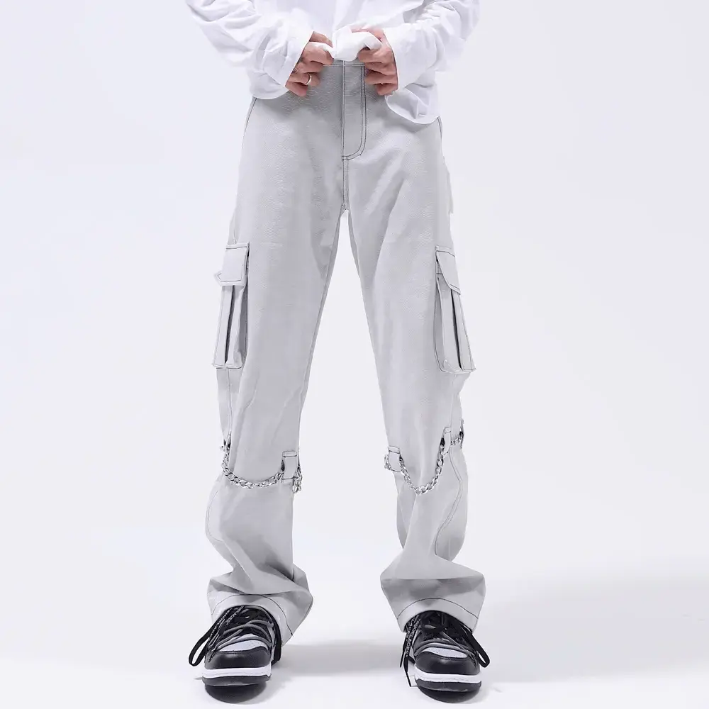 Multi pocket sweatpants chain decoration high street pu leather fabric for clothing straight  leather cargo pants