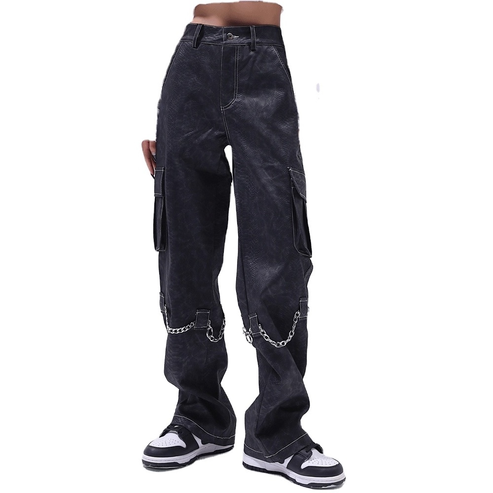 Multi pocket sweatpants chain decoration high street pu leather fabric for clothing straight  leather cargo pants