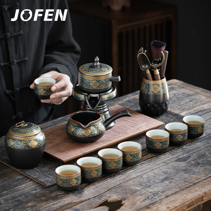 JOFEN Factory Outlet Stone Mill Type Chinese Retro Semi-automatic Ceramic Kung Fu Tea Set with Gift Box