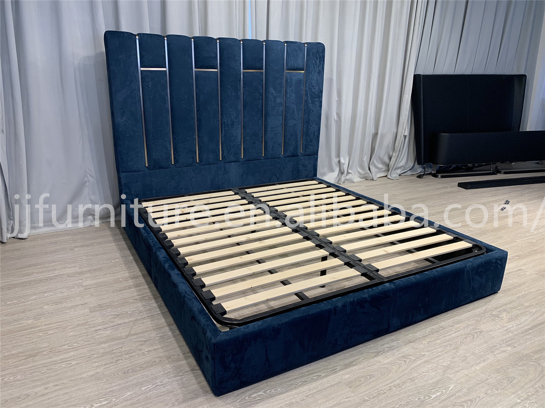 Latest daytona design bedroom furniture high headboard blue velvet bed fabric king size bed