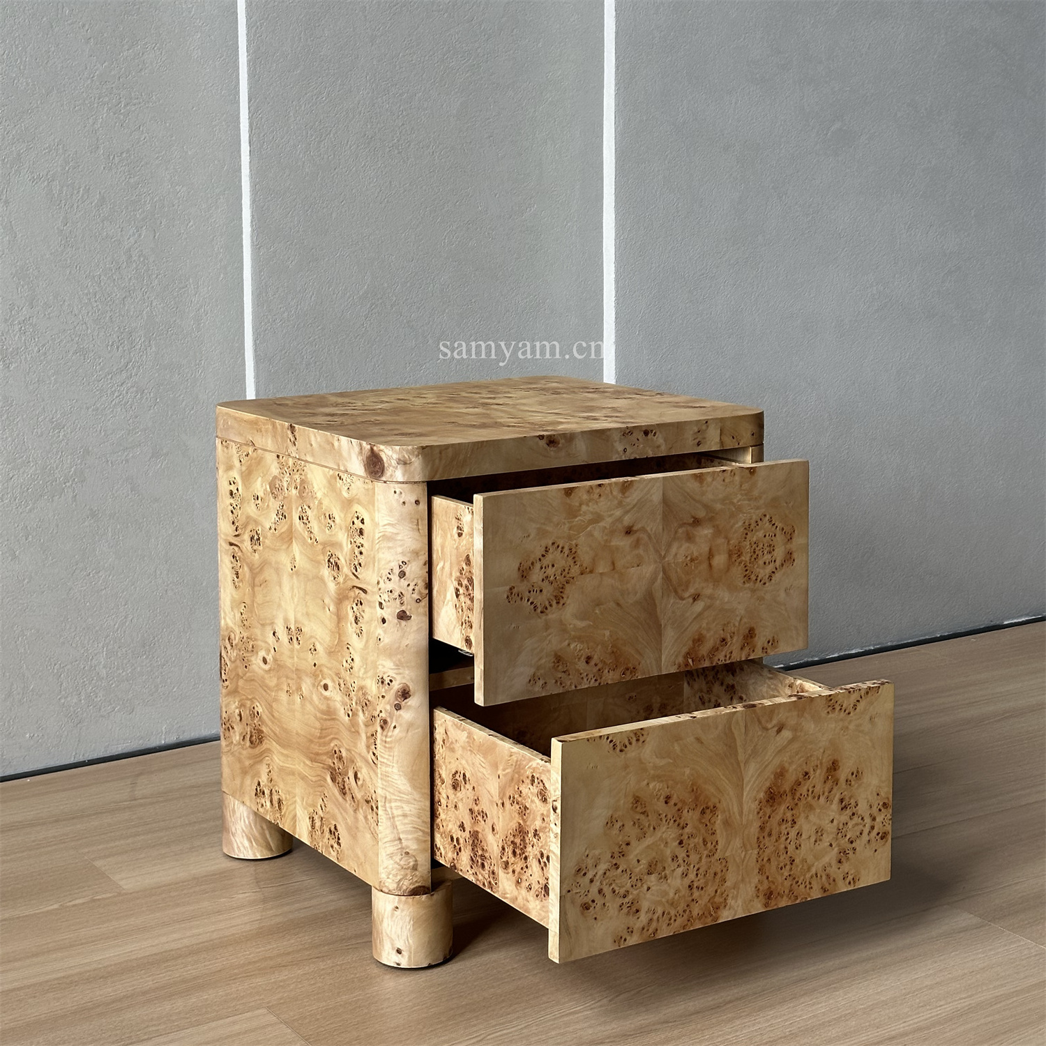 High-End Modern  Luxury Bedroom Cabinet Storage  Night Stand Burl Wood Veneer Bedside Tables With Drawer