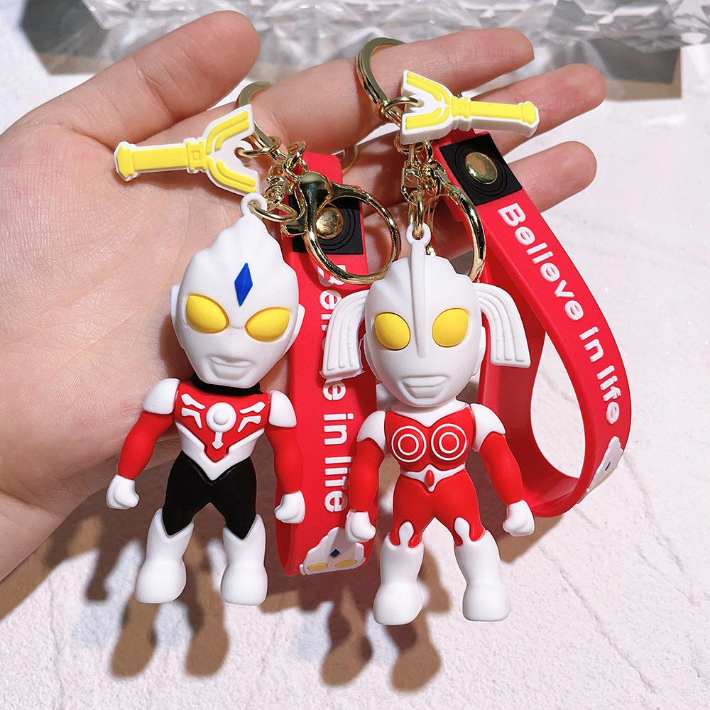 Japanese anime Ultraman  Cartoon Pvc  3D Keychains Rubber Custom Christmas Keychain With Lanyard Bag Backpack gift for kid