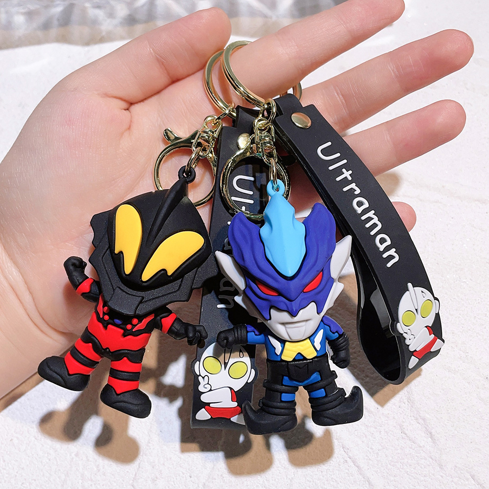 Japanese anime Ultraman  Cartoon Pvc  3D Keychains Rubber Custom Christmas Keychain With Lanyard Bag Backpack gift for kid