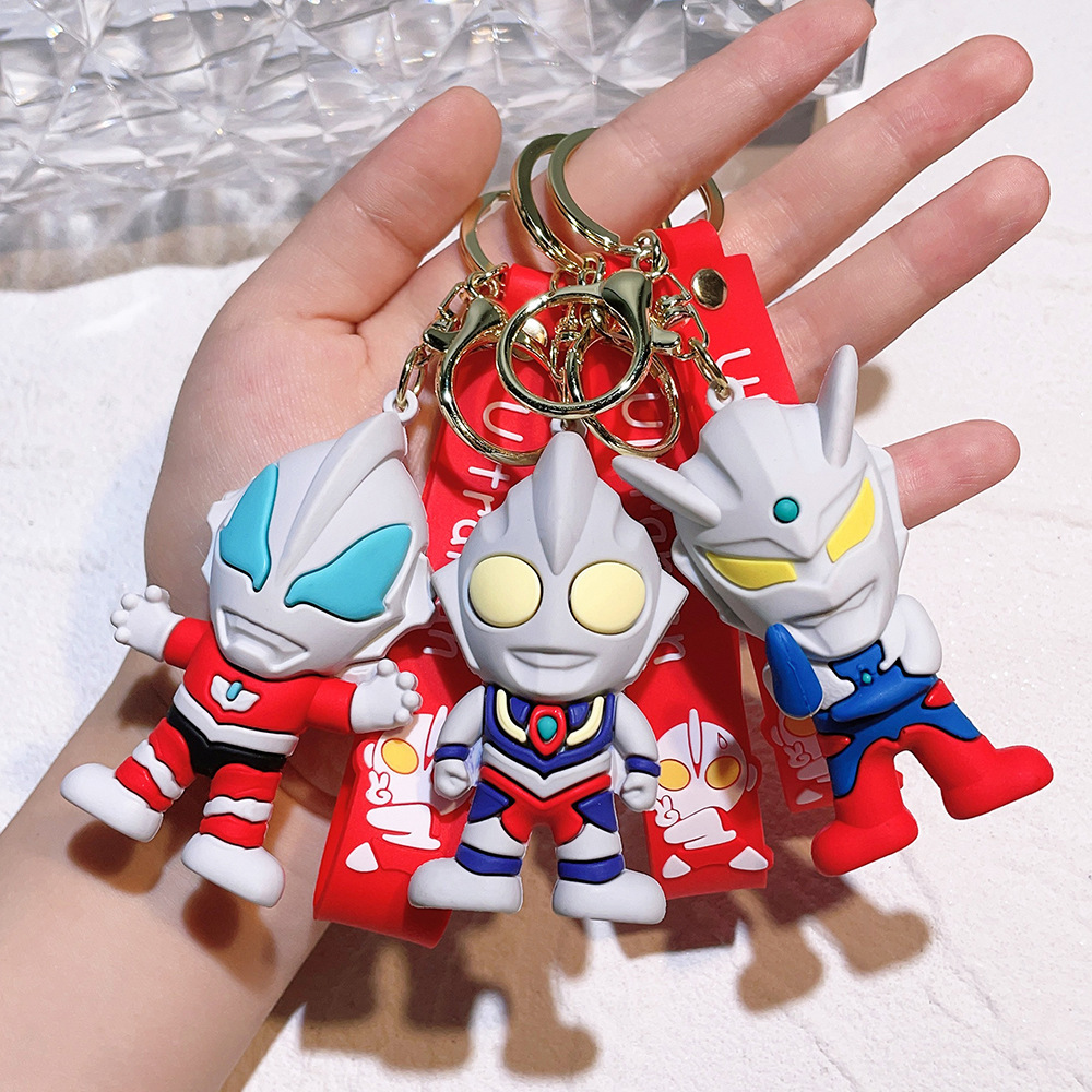 Japanese anime Ultraman  Cartoon Pvc  3D Keychains Rubber Custom Christmas Keychain With Lanyard Bag Backpack gift for kid