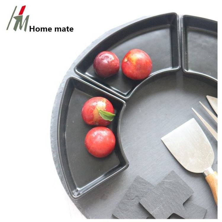 Natural Black Round Slate Cheese Board And Knife Set with 3pcs ceramics bowls