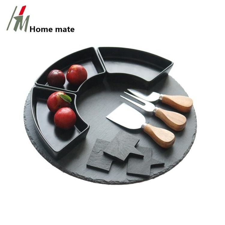 Natural Black Round Slate Cheese Board And Knife Set with 3pcs ceramics bowls