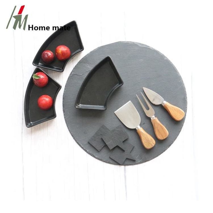 Natural Black Round Slate Cheese Board And Knife Set with 3pcs ceramics bowls