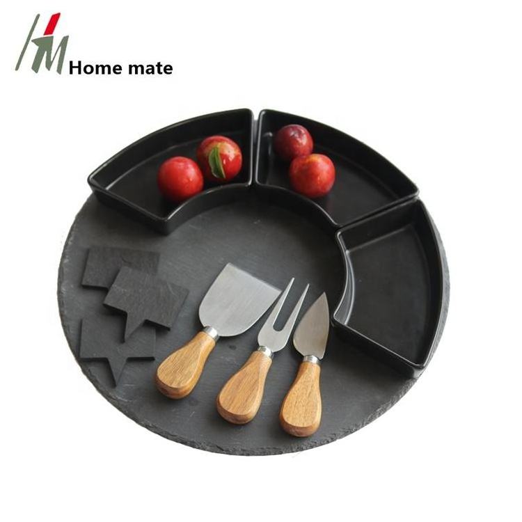 Natural Black Round Slate Cheese Board And Knife Set with 3pcs ceramics bowls