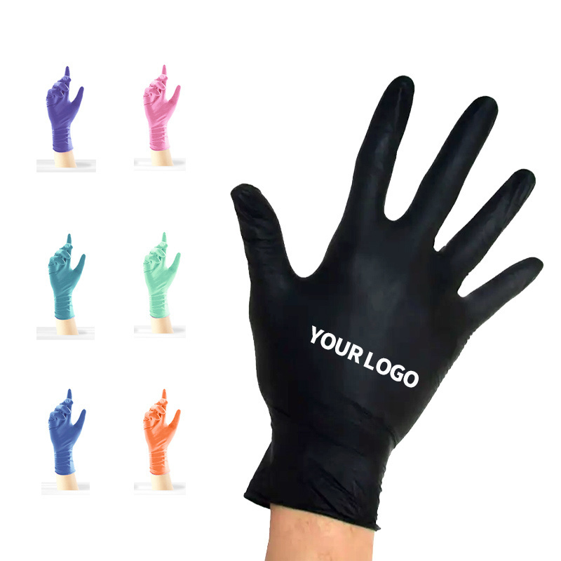 Factory direct wholesale super strong oil resistant black blue nitrile gloves printed with logo