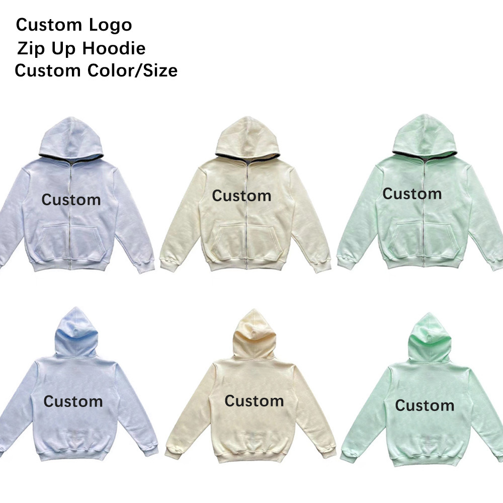 Factory Custom Puff Print Heavyweight Distressed 100% Cotton Blank Full Zip up Hoodie