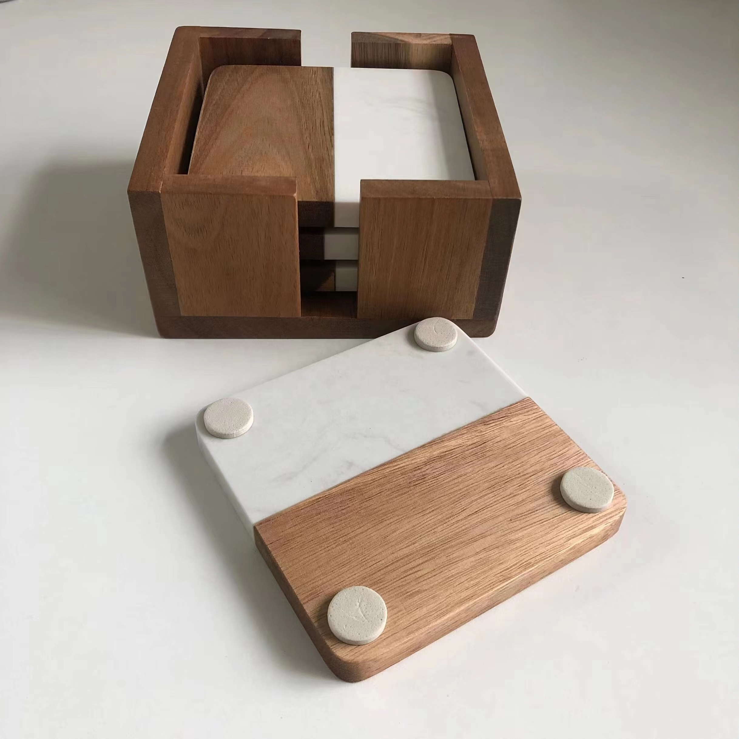 Custom high-quality square acacia wood marble coasters with acacia wood box