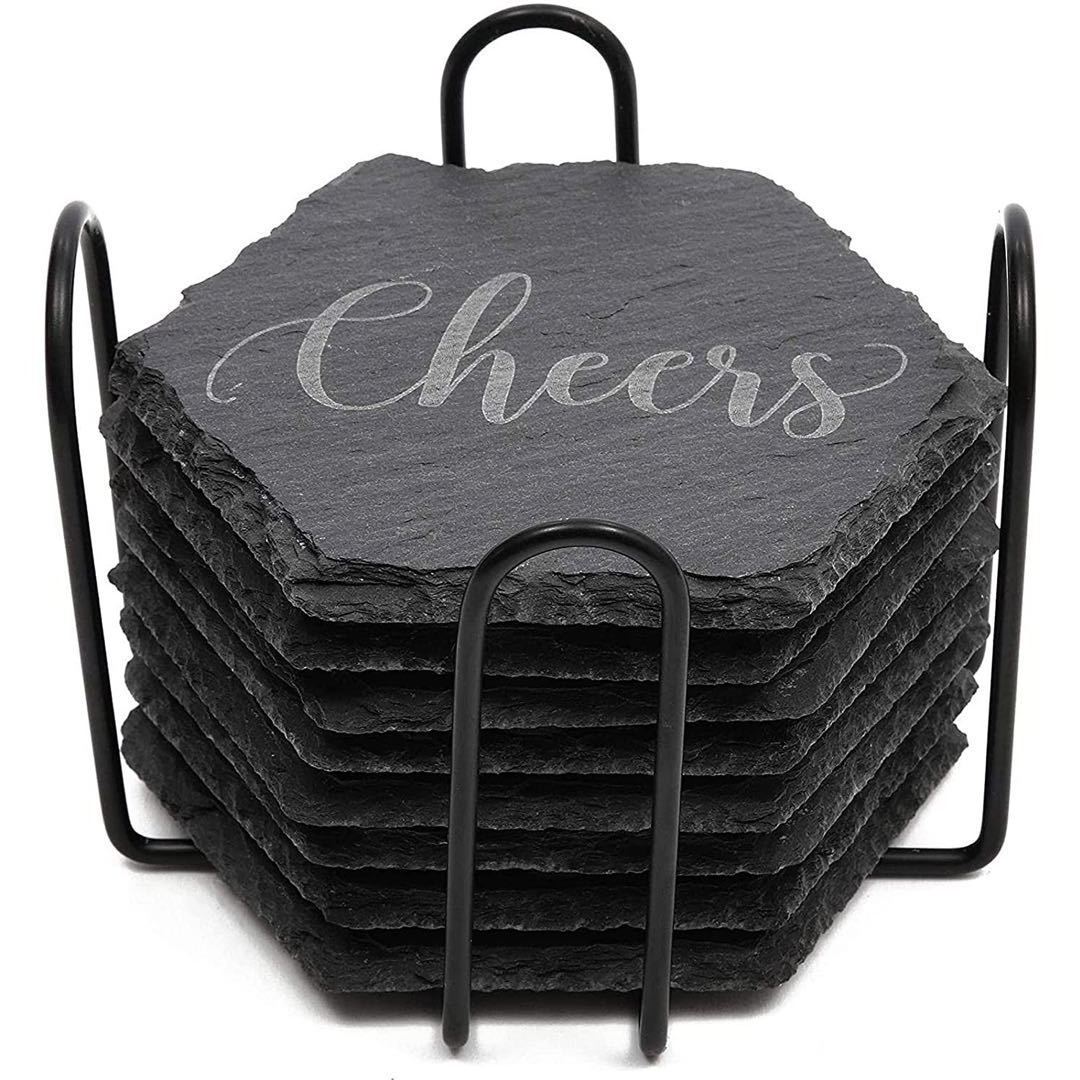 Wholesale Black Non-slip Engraving Drink Slate Stone Bulk Coasters Set Round Blank Gift Box With Holder