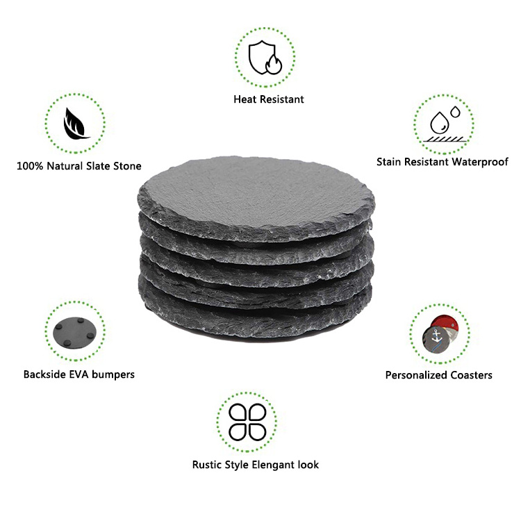 Wholesale Black Non-slip Engraving Drink Slate Stone Bulk Coasters Set Round Blank Gift Box With Holder