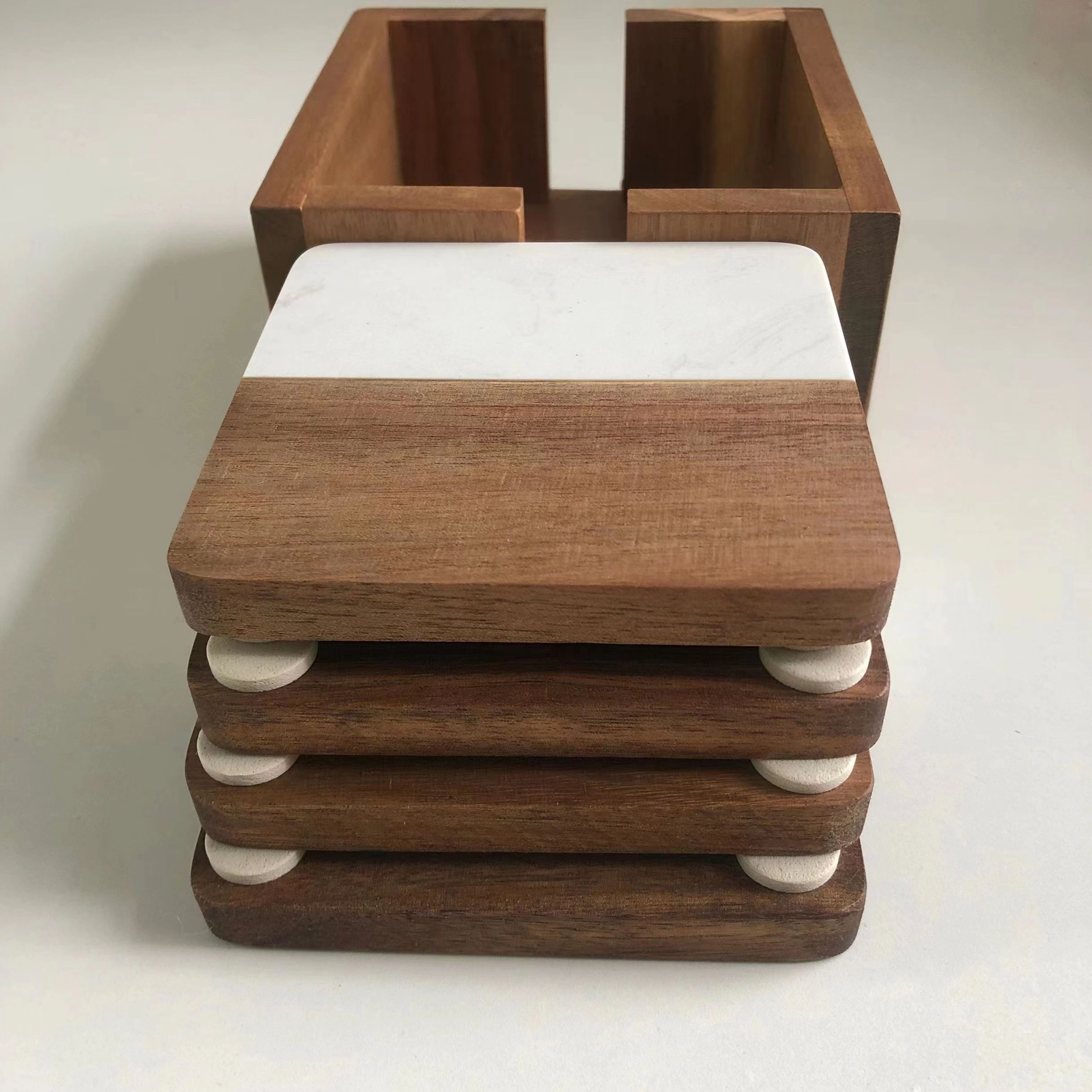 Custom high-quality square acacia wood marble coasters with acacia wood box