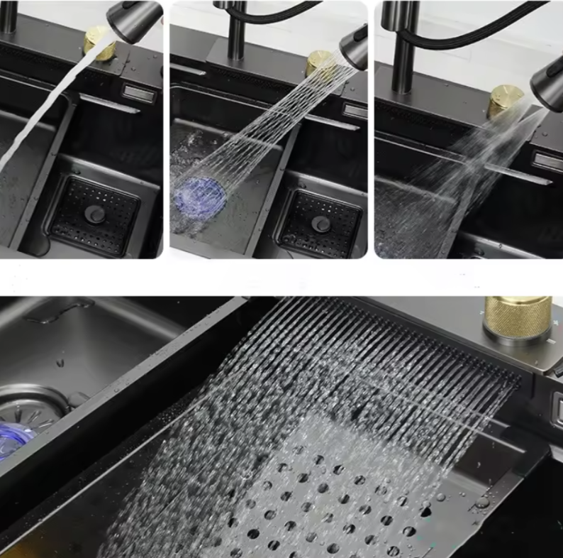 Hot selling waterfall kitchen sink, nano black 304 stainless steel handmade kitchen sink with waterfall pull out kitchen faucet