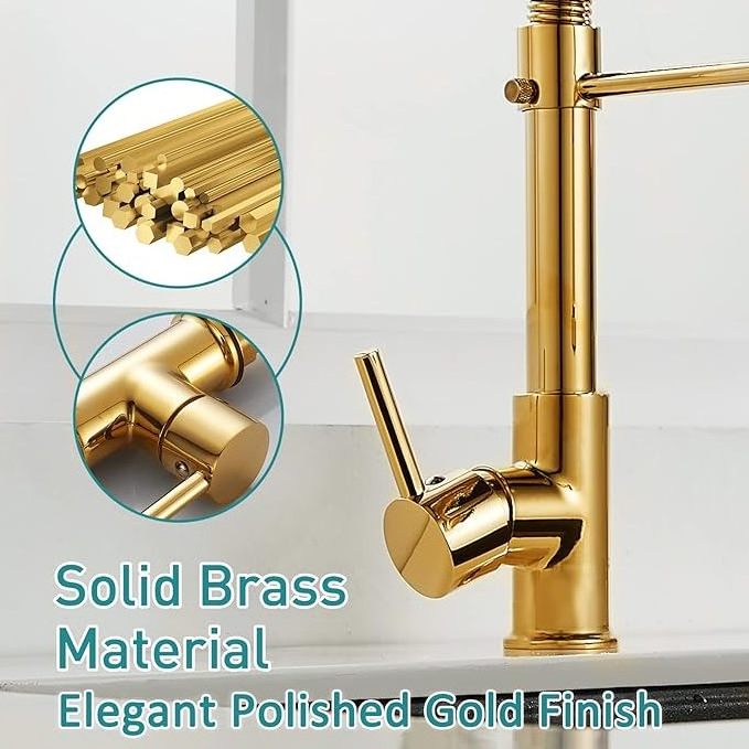 Polished gold kitchen faucet with pull-down spray kitchen sink faucet single handle spring swan neck faucet high arc single hole