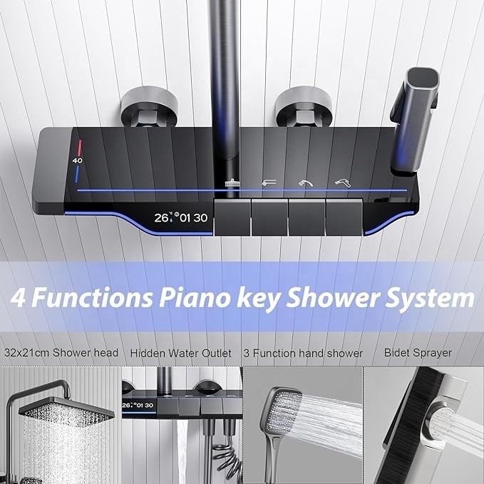 Shower Faucet Set Piano Key Gray Digital Display Shower System 4 Function Bathroom Rain Shower Combo Set