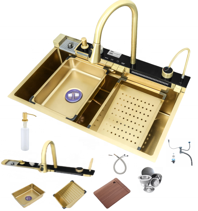 Tiktok New Trend Gold Nano SUS 304 Integrated Automatic Cup Washer Piano Digital Display Two Waterfall Faucets Kitchen Sink