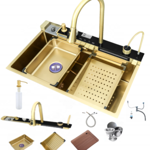 Tiktok New Trend Gold Nano SUS 304 Integrated Automatic Cup Washer Piano Digital Display Two Waterfall Faucets Kitchen Sink