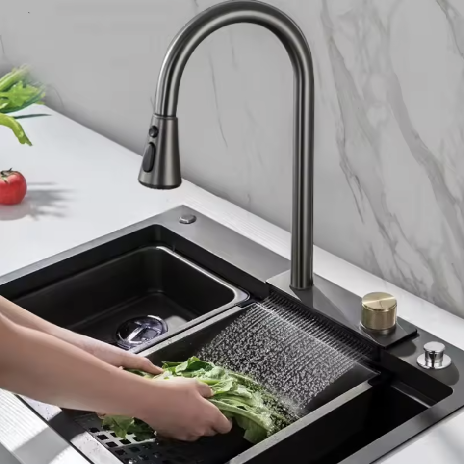 Hot selling waterfall kitchen sink, nano black 304 stainless steel handmade kitchen sink with waterfall pull out kitchen faucet