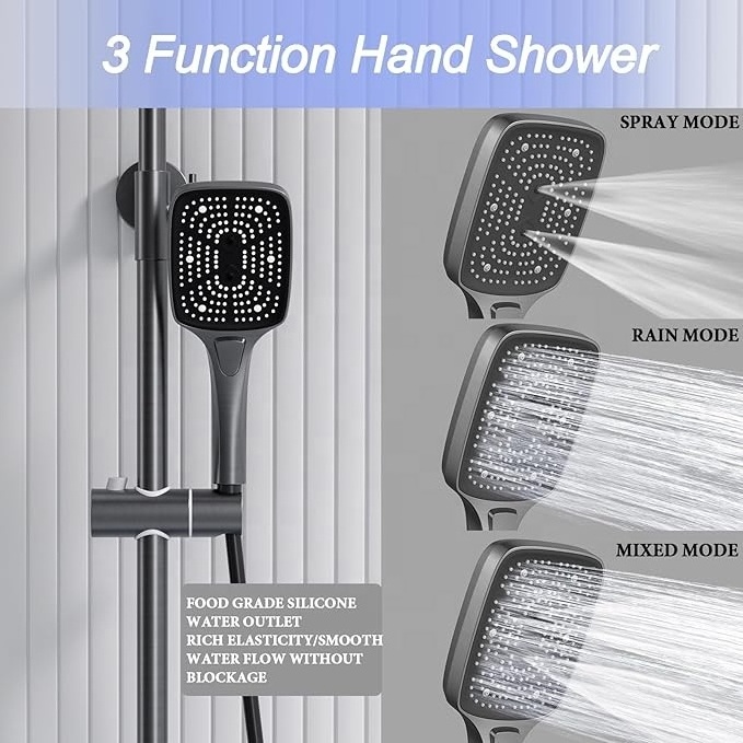 Shower Faucet Set Piano Key Gray Digital Display Shower System 4 Function Bathroom Rain Shower Combo Set