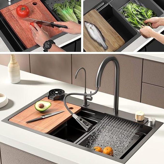 Popular waterfall sink multifunctional kitchen sink 304 stainless steel large single slot nano seamless handmade sink