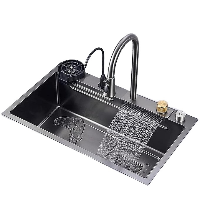 Complete waterfall kitchen sink, stainless steel sink, large single bowl, with a bowl rack installed under the sink