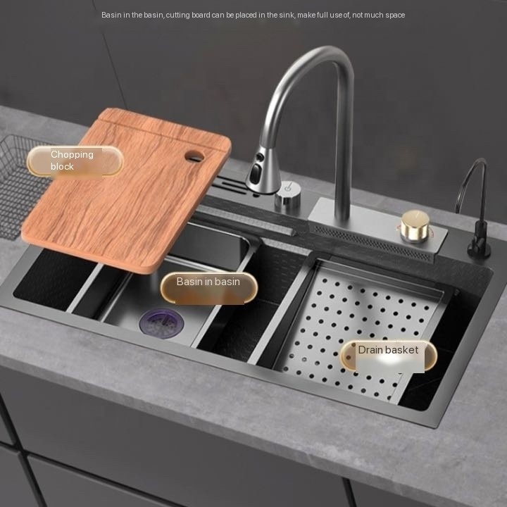 Deluxe multi-function waterfall sink multi-function kitchen sink 304 stainless steel sink Tiktok popular