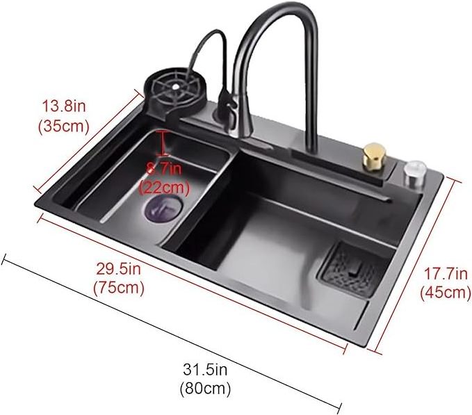 Complete waterfall kitchen sink, stainless steel sink, large single bowl, with a bowl rack installed under the sink