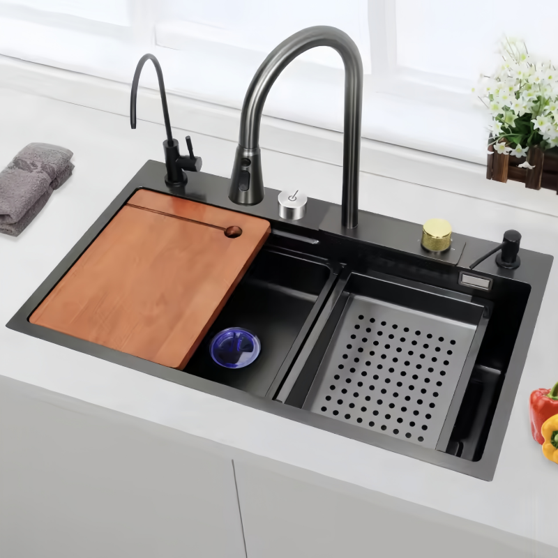 Hot selling waterfall kitchen sink, nano black 304 stainless steel handmade kitchen sink with waterfall pull out kitchen faucet