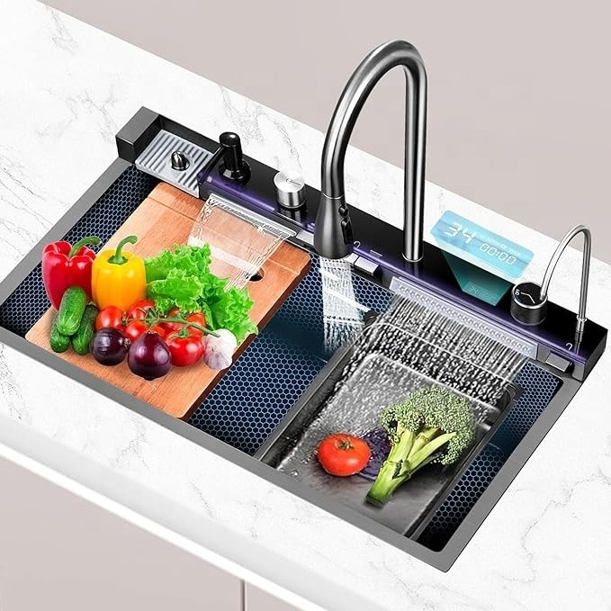 Tiktok Hot Sale Multi function Sink Large Single Slot Scratch resistant LED Digital Display Waterfall Smart Sink with Cup Washer