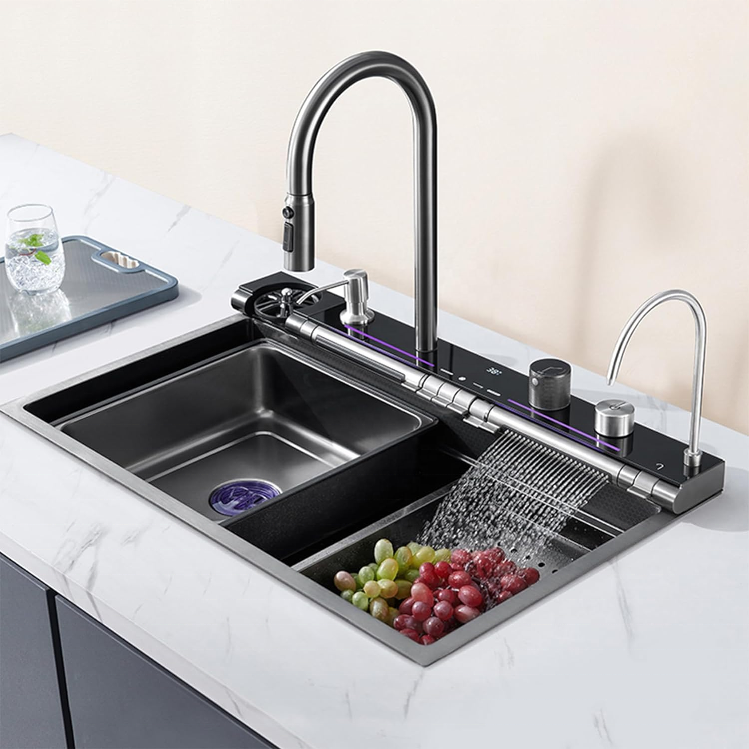 Intelligent modern luxury waterfall kitchen sink with embedded black stainless steel sink with pull-out faucet and accessories