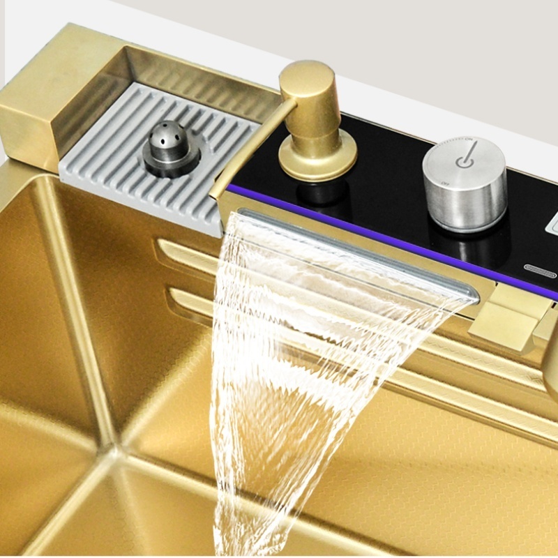 Tiktok New Trend Gold Nano SUS 304 Integrated Automatic Cup Washer Piano Digital Display Two Waterfall Faucets Kitchen Sink