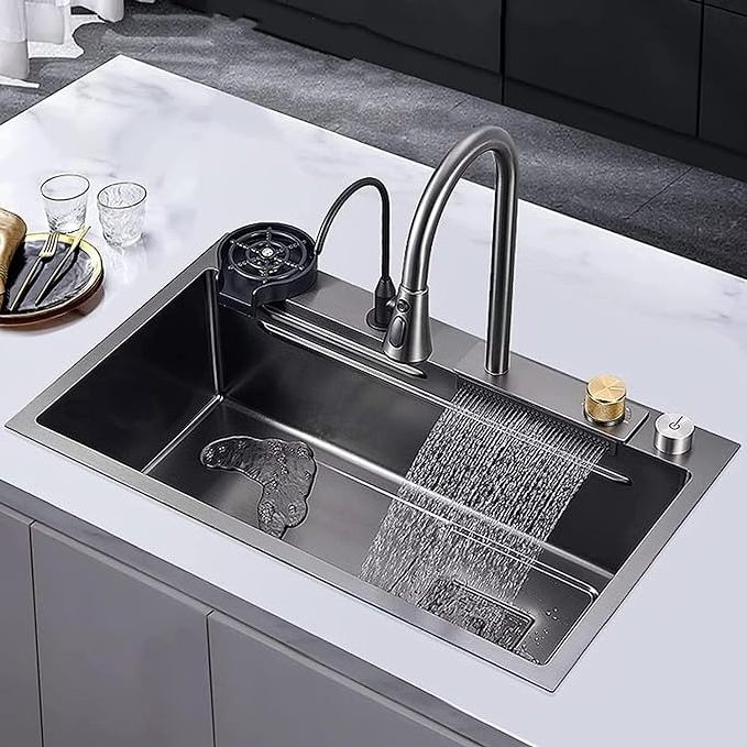 Complete waterfall kitchen sink, stainless steel sink, large single bowl, with a bowl rack installed under the sink