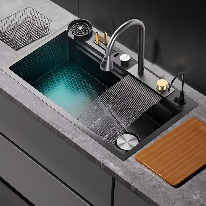 Deluxe multi-function waterfall sink multi-function kitchen sink 304 stainless steel sink Tiktok popular