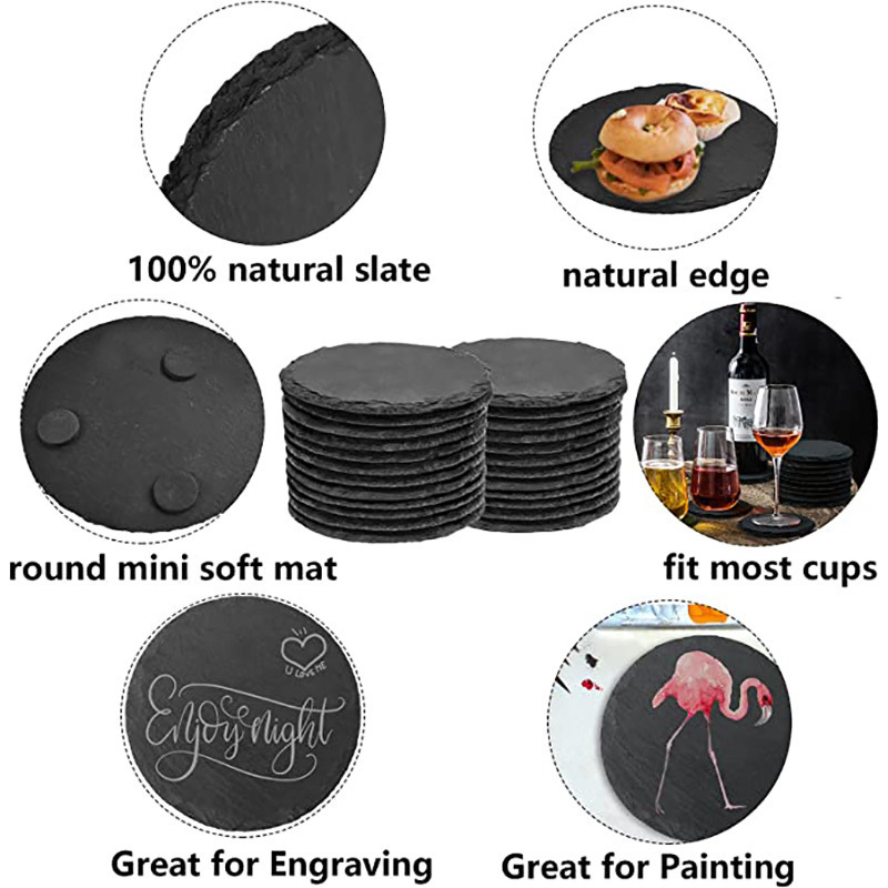 Wholesale Black Non-Slip Engraving Drink Slate Stone Bulk Coasters Set Round Blank Gift Box With Holder  For  Family gathering