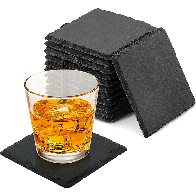 Wholesale Black Non-Slip Engraving Drink Slate Stone Bulk Coasters Set Round Blank Gift Box With Holder  For  Family gathering