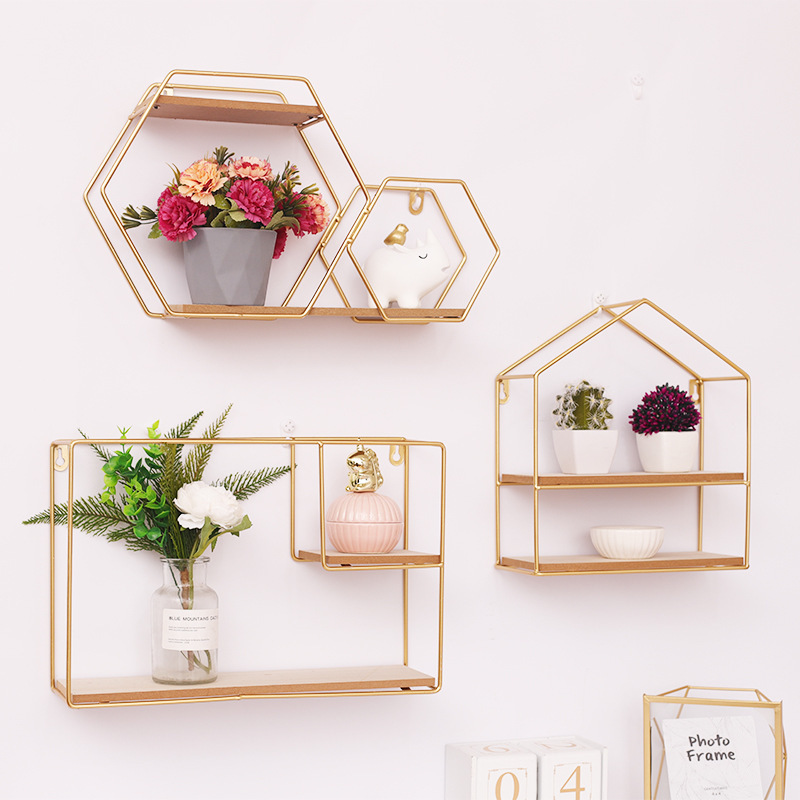 Nordic Creative Wrought Iron Gold Multi-regular Shape Floating Shelves Wall Mounted Metal Storage Holders Racks Home Decoration