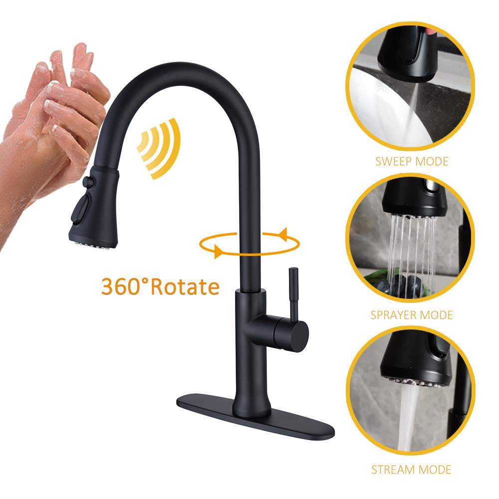 Pull out 304 stainless steel kitchen sink mixer faucet black smart touch sensor 3 way deck mounted single lever kitchen faucet