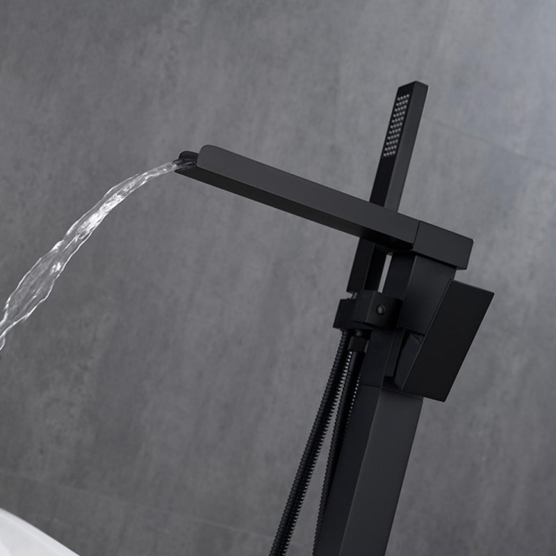 Waterfall black floor mounted freestanding bathub faucet electric bathroom tub filler mixer tap with hand held rainfall shower